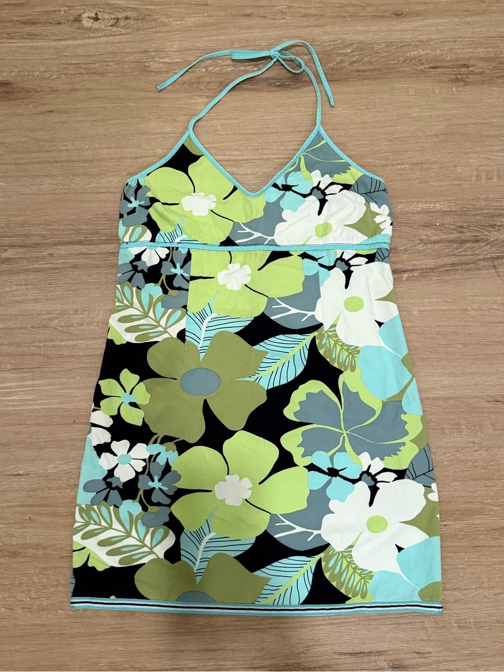 VTG Y2K Old Navy Green Blue Tropical Summer Floral Halter Mini Dress Sz 10 S/M